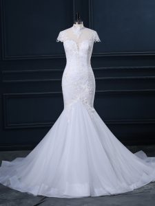 Customized White Clasp Handle High-neck Lace Wedding Gowns Tulle Cap Sleeves Court Train