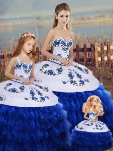 Customized Royal Blue Organza Lace Up 15 Quinceanera Dress Sleeveless Floor Length Embroidery and Ruffled Layers and Bowknot
