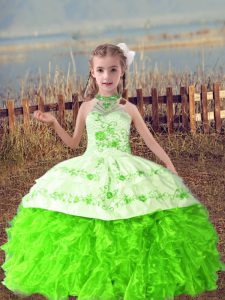 Halter Top Sleeveless Kids Pageant Dress Floor Length Beading and Embroidery and Ruffles Organza