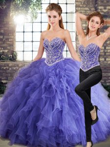 Cute Floor Length Lavender 15th Birthday Dress Tulle Sleeveless Beading and Ruffles