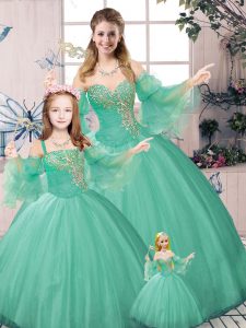 Green Lace Up Sweetheart Beading and Ruching Sweet 16 Quinceanera Dress Tulle Long Sleeves