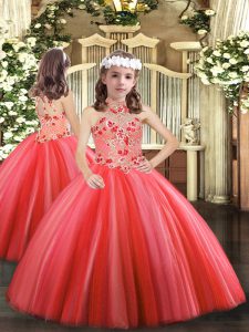 Ball Gowns Little Girls Pageant Dress Coral Red Halter Top Tulle Sleeveless Floor Length Lace Up