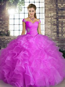 Lilac Ball Gowns Organza Off The Shoulder Sleeveless Beading and Ruffles Floor Length Lace Up 15th Birthday Dress