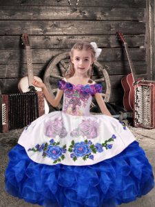 Floor Length Royal Blue Kids Formal Wear Organza Sleeveless Beading and Embroidery and Ruffles