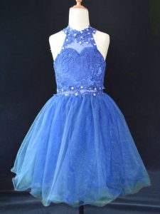 Wonderful Mini Length Lace Up Little Girls Pageant Dress Blue for Wedding Party with Beading and Lace