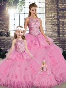 Sexy Rose Pink Ball Gowns Lace and Embroidery and Ruffles Sweet 16 Dresses Lace Up Tulle Sleeveless Floor Length