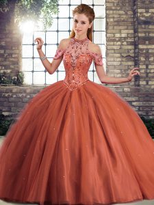 Sweet Halter Top Sleeveless Brush Train Lace Up Quinceanera Gowns Rust Red Tulle