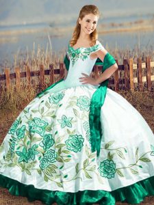 Clearance Satin and Organza Off The Shoulder Sleeveless Lace Up Embroidery and Ruffles Quince Ball Gowns in Green