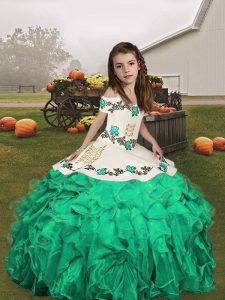 Top Selling Turquoise Straps Neckline Embroidery and Ruffles Pageant Gowns For Girls Sleeveless Lace Up