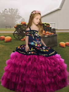 Fuchsia Sleeveless Embroidery and Ruffles Floor Length Little Girl Pageant Dress