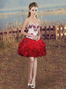 Charming Red Organza Lace Up Sweetheart Sleeveless Mini Length Prom Homecoming Dress Embroidery and Ruffles
