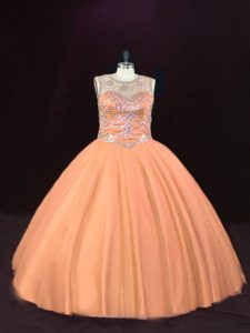 Peach Scoop Lace Up Beading Sweet 16 Quinceanera Dress Sleeveless