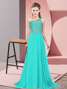 Fancy Turquoise Empire One Shoulder Sleeveless Chiffon Floor Length Side Zipper Beading Prom Dresses