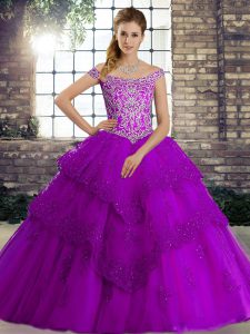 Sleeveless Brush Train Lace Up Beading and Lace Quince Ball Gowns