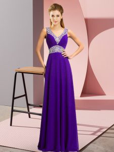 Adorable V-neck Sleeveless Dress for Prom Floor Length Beading Purple Chiffon
