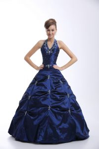 Taffeta Halter Top Sleeveless Lace Up Embroidery and Pick Ups Ball Gown Prom Dress in Royal Blue