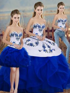 Modest Royal Blue Three Pieces Tulle Sweetheart Sleeveless Embroidery and Ruffles and Bowknot Floor Length Lace Up Sweet 16 Dress