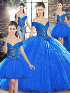 Great Off The Shoulder Sleeveless Organza Quince Ball Gowns Beading Brush Train Lace Up