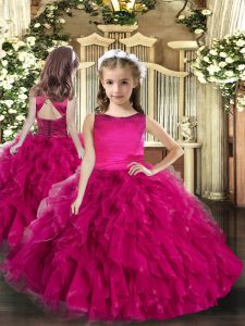 New Arrival Fuchsia Lace Up Little Girls Pageant Dress Wholesale Ruffles Sleeveless Floor Length