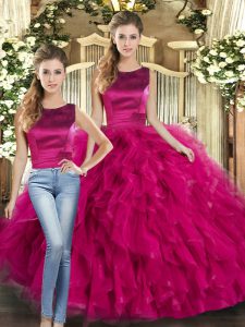 Floor Length Fuchsia Ball Gown Prom Dress Tulle Sleeveless Ruffles
