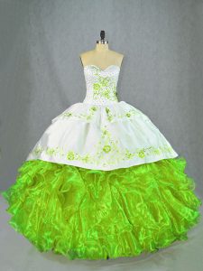 Sweetheart Sleeveless Sweet 16 Dresses Brush Train Beading and Embroidery Green Satin and Organza