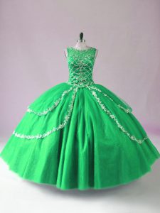 New Style Green Tulle Zipper Scoop Sleeveless Floor Length Ball Gown Prom Dress Beading