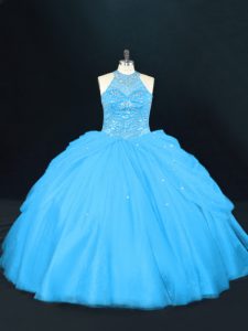 Aqua Blue Halter Top Neckline Beading 15 Quinceanera Dress Sleeveless Lace Up