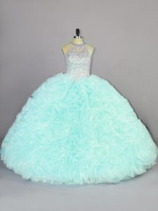 Suitable Halter Top Sleeveless Organza Sweet 16 Dresses Beading and Ruffles Lace Up