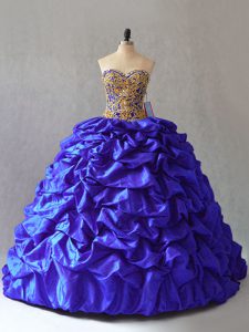 Royal Blue Sleeveless Brush Train Beading and Pick Ups Quinceanera Gown