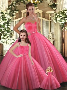 Coral Red Tulle Lace Up Sweetheart Sleeveless Floor Length 15th Birthday Dress Beading