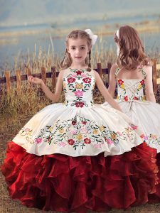 Hot Sale White And Red Ball Gowns Embroidery and Ruffles Little Girl Pageant Gowns Lace Up Organza Sleeveless Floor Length