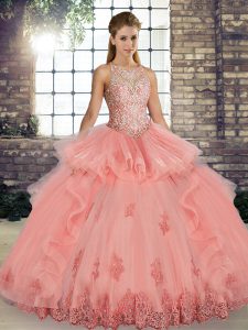 Sleeveless Floor Length Lace and Embroidery and Ruffles Lace Up Quinceanera Dresses with Watermelon Red
