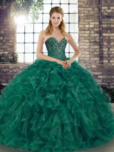 Green Sweetheart Lace Up Beading and Ruffles 15 Quinceanera Dress Sleeveless