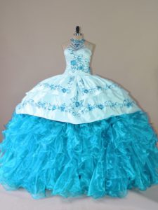 Amazing Aqua Blue Sleeveless Organza Court Train Lace Up Quinceanera Gown for Sweet 16 and Quinceanera