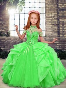 Modern Green Lace Up High-neck Beading Pageant Gowns For Girls Organza Sleeveless