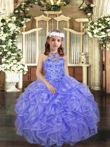 Floor Length Lavender Little Girls Pageant Dress Organza Sleeveless Beading and Ruffles