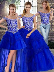 Graceful Three Pieces Sleeveless Royal Blue Sweet 16 Dresses Brush Train Lace Up