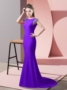 Fancy Lavender Backless High-neck Beading Dress Like A Star Elastic Woven Satin Short Sleeves Brush Train