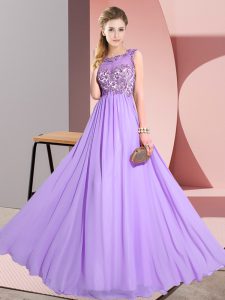 Enchanting Lavender Empire Scoop Sleeveless Chiffon Floor Length Backless Beading and Appliques Quinceanera Court of Honor Dress