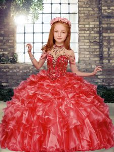 Beading and Ruffles Winning Pageant Gowns Red Lace Up Sleeveless Floor Length