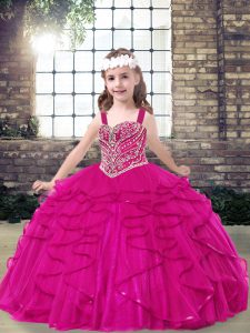 Best Fuchsia Sleeveless Beading Floor Length Little Girls Pageant Dress Wholesale