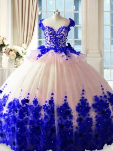 High End Blue And White Sleeveless Satin and Organza Brush Train Zipper Sweet 16 Dress for Sweet 16 and Quinceanera