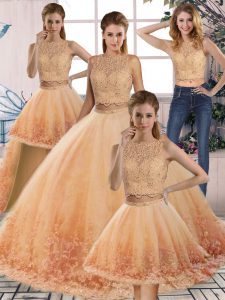 Custom Made Gold and Peach Quince Ball Gowns Scalloped Sleeveless Sweep Train Backless