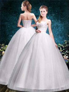 Lovely White Ball Gowns Strapless Sleeveless Tulle Floor Length Lace Up Appliques Bridal Gown