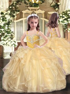 Beading and Ruffles Child Pageant Dress Gold Lace Up Sleeveless Floor Length