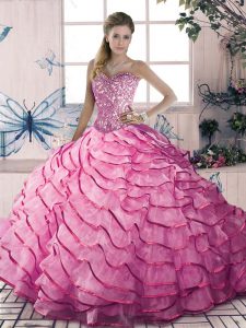 New Arrival Pink 15th Birthday Dress Sweet 16 with Beading and Ruffles Sweetheart Sleeveless Lace Up