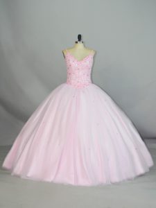 New Style Baby Pink Sleeveless Tulle Lace Up 15th Birthday Dress for Sweet 16 and Quinceanera