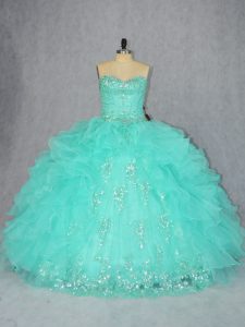 Free and Easy Aqua Blue Organza Lace Up 15th Birthday Dress Sleeveless Floor Length Beading and Appliques