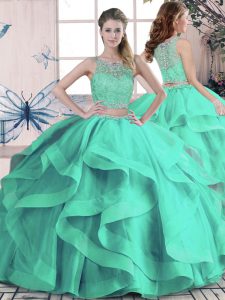 Best Selling Beading and Ruffles Quince Ball Gowns Turquoise Lace Up Sleeveless Floor Length