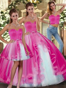 Affordable Sleeveless Floor Length Beading Lace Up Sweet 16 Dress with Fuchsia